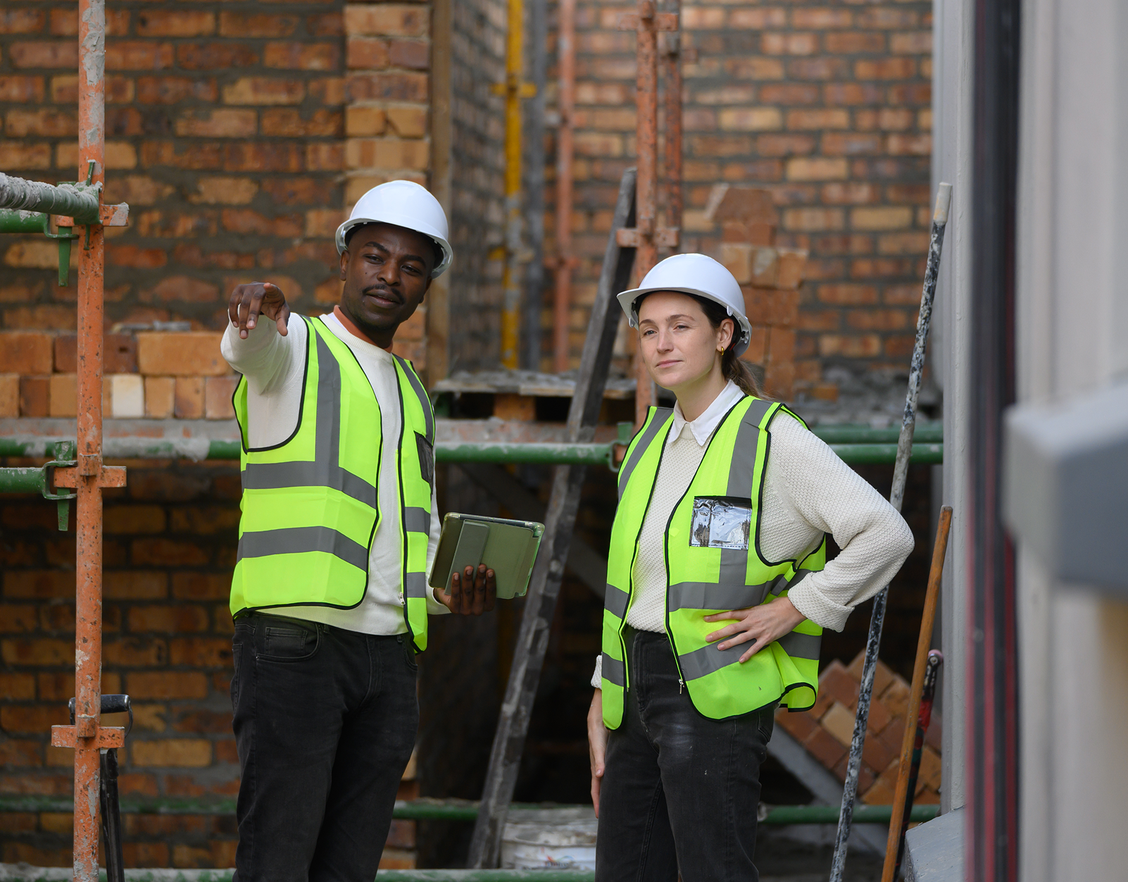 Engineers in safety gear at construction site